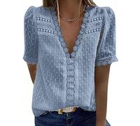 Buetory Women's Elegant V Neck Lace Crochet Tunic Tops Casual Loose Short Sleeve Vintage Lace Flowy Shirts Blouse(Blue,Large)