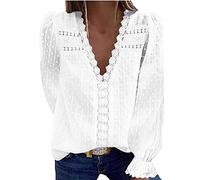 Buetory Women's Elegant V Neck Lace Crochet Tunic Tops Casual Loose Short Sleeve Vintage Lace Flowy Shirts Blouse