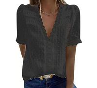 Buetory Women's Elegant V Neck Lace Crochet Tunic Tops Casual Loose Short Sleeve Vintage Lace Flowy Shirts Blouse(Black,Large)
