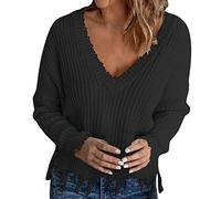 Buetory Women's Elegant V-Neck Loose Knitted Tassels Sweater Long Sleeve Casual Dressy Ripped Jumper Pullover Crop Top Fringe Sweater(Black,XX-Large)