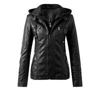 Buetory Womens Faux Leather Jacket Casual Slim Fit Stand Collar Multi Pocket Detachable Motorcycle Biker Hoodie Bomber Coat