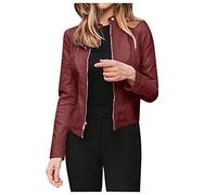 Buetory Womens Faux Leather Textured Cropped Jackets Full Zip Up Slimming Pu Short Moto Biker Coat with Pockets Plus Size(Wine,Small)