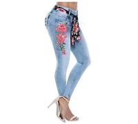 Buetory Womens Jean Look Jeggings Floral Tights High Waist Workout Yoga Legging Slim Fit Skinny Jeans Pencil Pants Capris(Light Blue,Large)