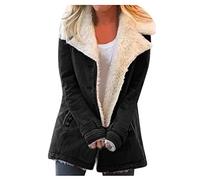 Buetory Womens Lapel Sherpa Fleece Lined Faux Suede Jacket Winter Warm Button Down Lightweight Fluffy Coat Outwear Plus Size(Black,XX-Large)