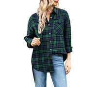 Buetory Womens Long Sleeve Plaid Flannel Shirts Casual Lapel V-Neck Oversized Button Down Blouse Tops Cuffed Casual Shirts(Blue,X-Large)