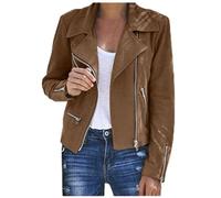 Buetory Women's Luxury Cropped Suede Jackets Casual Long Sleeve Zip Up Short Moto Biker Coat Lapel Collar Bomber Jackets Outwear(Brown,Medium)