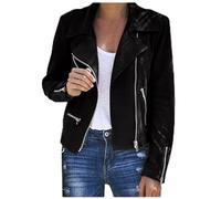 Buetory Women's Luxury Cropped Suede Jackets Casual Long Sleeve Zip Up Short Moto Biker Coat Lapel Collar Bomber Jackets Outwear(Black,Medium)