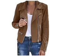 Buetory Women's Luxury Cropped Suede Jackets Casual Long Sleeve Zip Up Short Moto Biker Coat Lapel Collar Bomber Jackets Outwear(Brown,XX-Large)