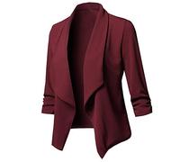 Buetory Womens Notch Lapel Casual Blazers Open Front Cardigan 3/4 Sleeve Draped Ruffles Soft Loose Work Office Suit Jacket Sport Coat Plus Size Wine