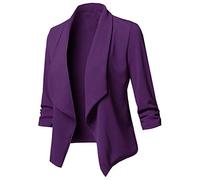 Buetory Womens Notch Lapel Casual Blazers Open Front Cardigan 3/4 Sleeve Draped Ruffles Soft Loose Work Office Suit Jacket Sport Coat Plus Size Purple