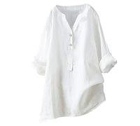 Buetory Womens Plus Size Cotton Linen T-Shirt Roll Up Long Sleeve Casual Summer Loose Tunic Beach Yoga Tops Blouses(White,3X-Large)