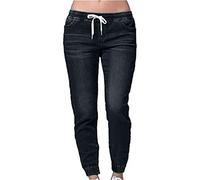 Buetory Womens Pull On Distressed Denim Pants Elastic Waist Stretch Drawstring Pockets Joggers Sweatpants Skinny Jeans Pants(Black,Medium)