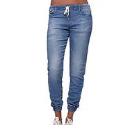 Buetory Womens Pull On Distressed Denim Pants Elastic Waist Stretch Drawstring Pockets Joggers Sweatpants Skinny Jeans Pants(Light Blue,Medium)