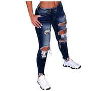 Buetory Women's Ripped Boyfriend Jeans Cute Distressed Skinny Jeans Destroyed Pull On Denim Pants with Hole (Dark Blue, Small)