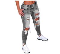 Buetory Women's Ripped Boyfriend Jeans Cute Distressed Skinny Jeans Destroyed Pull On Denim Pants with Hole (Grey, 5X-Large)