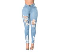 Buetory Women's Ripped Boyfriend Jeans Hight Waisted Stretch Distressed Skinny Jeans Jeggings Destroyed Denim Pencil Pants(Light Blue,X-Large)