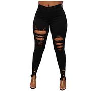 Buetory Women's Ripped Boyfriend Jeans Hight Waisted Stretch Distressed Skinny Jeans Jeggings Destroyed Denim Pencil Pants(Black,Large)