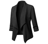 Buetory Women's Ruffles 3/4 Long Sleeve Classic Draped Cardigan Casual Open Front Lightweight Work Office Blazer Jackets(Black,X-Large)