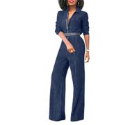 Buetory Womens Sexy Long Sleeve Denim Bodycon Jumpsuits High Waisted V Neck One Piece Wide Leg Long Pants Jeans Rompers(Navy,XX-Large)