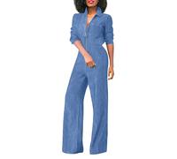 Buetory Womens Sexy Long Sleeve Denim Bodycon Jumpsuits High Waisted V Neck One Piece Wide Leg Long Pants Jeans Rompers(Blue,Medium)