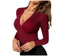Buetory Womens Shirts and Blouses for Work, Womens Deep V Neck Long Sleeve Slim Fit Cross Wrap Shirts Crop Tops Casual Dressy Ribbed Knit Basic Tee Shirts Blouse(Wine Red,Medium