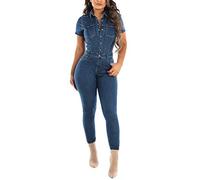 Buetory Women's Short Sleeve Bodycon Denim Jumpsuits One Piece Stretchy High Waisted Slim Fit Jeans Rompers Clubwear(Blue,Large)