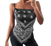 Buetory Womens Stretchy Asymmetric Tie Knob Open Back Bandana Halter Tops/Flower Print Crop Top Cami Shirts Hanky Hem Spaghetti Straps Handkerchief (Grey,XX-Large)