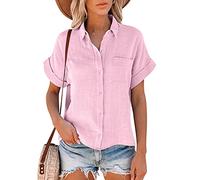 Buetory Women's Summer Short Sleeve Linen Shirts V Neck Collared Button Down Shirt Tops with Pockets(Pink,XX-Large)