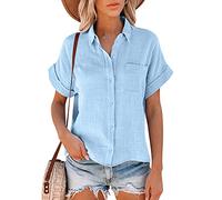 Buetory Women's Summer Short Sleeve Linen Shirts V Neck Collared Button Down Shirt Tops with Pockets(Sky Blue,Large)