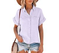 Buetory Women's Summer Short Sleeve Linen Shirts V Neck Collared Button Down Shirt Tops with Pockets(Purple,Small)