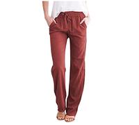 Buetory Womens Tapered Pants Cotton Linen Drawstring Elastic Waist Pants Loose Summer Beach Yoga Lounge Trousers with Pockets(Wine Red,Large)