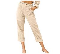 Buetory Womens Tapered Pants Cotton Linen Drawstring Elastic Waist Pants Loose Summer Beach Yoga Lounge Trousers with Pockets, Y-beige