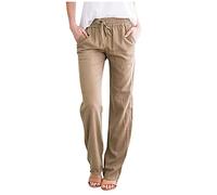 Buetory Womens Tapered Pants Cotton Linen Drawstring Elastic Waist Pants Loose Summer Beach Yoga Lounge Trousers with Pockets(Khaki,Large)