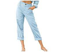 Buetory Womens Tapered Pants Cotton Linen Drawstring Elastic Waist Pants Loose Summer Beach Yoga Lounge Trousers with Pockets, Y-light Blue