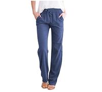 Buetory Womens Tapered Pants Cotton Linen Drawstring Elastic Waist Pants Loose Summer Beach Yoga Lounge Trousers with Pockets(Blue,Large)