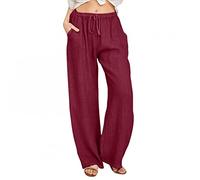 Buetory Womens Tapered Pants Drawstring Cotton Linen Wide Leg Palazzo Lounge Pants Loose Workout Joggers Yoga Trousers, Wine Red, M
