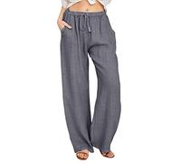 Buetory Womens Tapered Pants Drawstring Cotton Linen Wide Leg Palazzo Lounge Pants Loose Workout Joggers Yoga Trousers Dark Grey, M