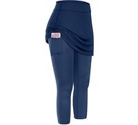 Buetory Womens Tennis Skirted Leggings with Pockets High Waisted Butt Lift Active Skort Athletic Ruffle Golf Skapri with Skirt(Navy,Large)