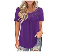 Buetory Women's V-Neck Lace Crochet Shirts Casual Short Sleeve Elegant Loose Fitting Lace Pleated T-Shirt Tunic Tops(Purple,Large)