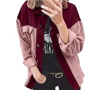Buetory Women's Vintage Corduroy Jackets Casual Trendy Lapel Collar Button Down Shackets with Pockets Color Block Loose Shirts Tops(01-Red,XX-Large)