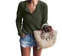 Buetory Women's Waffle Knit Henley Shirts Long Sleeve V-Neck Fall T-Shirt Casual Slouchy Loose Thermal Button Up Tunic Sweater Tops (Green,X-Large)