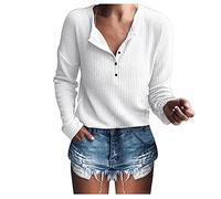 Buetory Womens Waffle Knit Tunic Tops Long Sleeve Casual Loose Ribbed Knit Button Up V Neck Henley Shirts(White,Small)