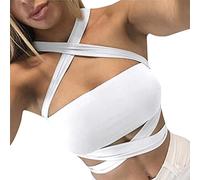 Buetory Womens Y2K Sexy Bandage Halter Crop Tops Cross Wrap Sleeveless Backless Solid Color Tank Tops Slim Fit Streetwear(White,Small
