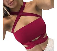 Buetory Womens Y2K Sexy Bandage Halter Crop Tops Cross Wrap Sleeveless Backless Solid Color Tank Tops Slim Fit Streetwear(Red,Large