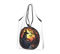 Buewutiry 2 PCS Large Tote Bag for Women - Lightweight Halloween Witch Window Painting Reusable Grocery Bags Foldable, Shopping Bags for Groceries, Cloth Bags Work Beach Travel with Handles