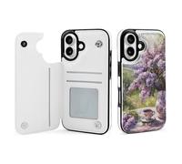 Buewutiry Compatible with iPhone 16 Case Wallet - Cute Lilacs Teapot Scenic Painting Case Compatible with iPhone 16 Phone Case, Compatible with iPhone 16 Leather Case with Card Holder for Women Men