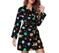 Buewutiry Short Robes Long Sleeve for Women - Solar System Planets Space Belted Bathrobe Nightgown Sleepwear Loungewear, Style-19, XL