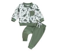 Bufarromio Baby Boy Dinosaur Print 2 Piece Clothes Set Causal Long Sleeves Round Neck Sweatshirt Drawstring Trouser Set For Toddler Boy (Green, 12-18 Months)