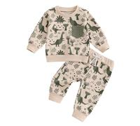 Bufarromio Baby Boy Dinosaur Print 2 Piece Clothes Set Causal Long Sleeves Round Neck Sweatshirt Drawstring Trouser Set For Toddler Boy (Khaki, 12-18 Months)