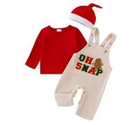 Bufarromio Infant Baby 3 Pcs Outfits Chirstmas Letter Towel Embroidery Clothes Set Long Sleeves Top Overall Hat Set Fall Wear For Newborn Baby (MULTI, 12-18M)
